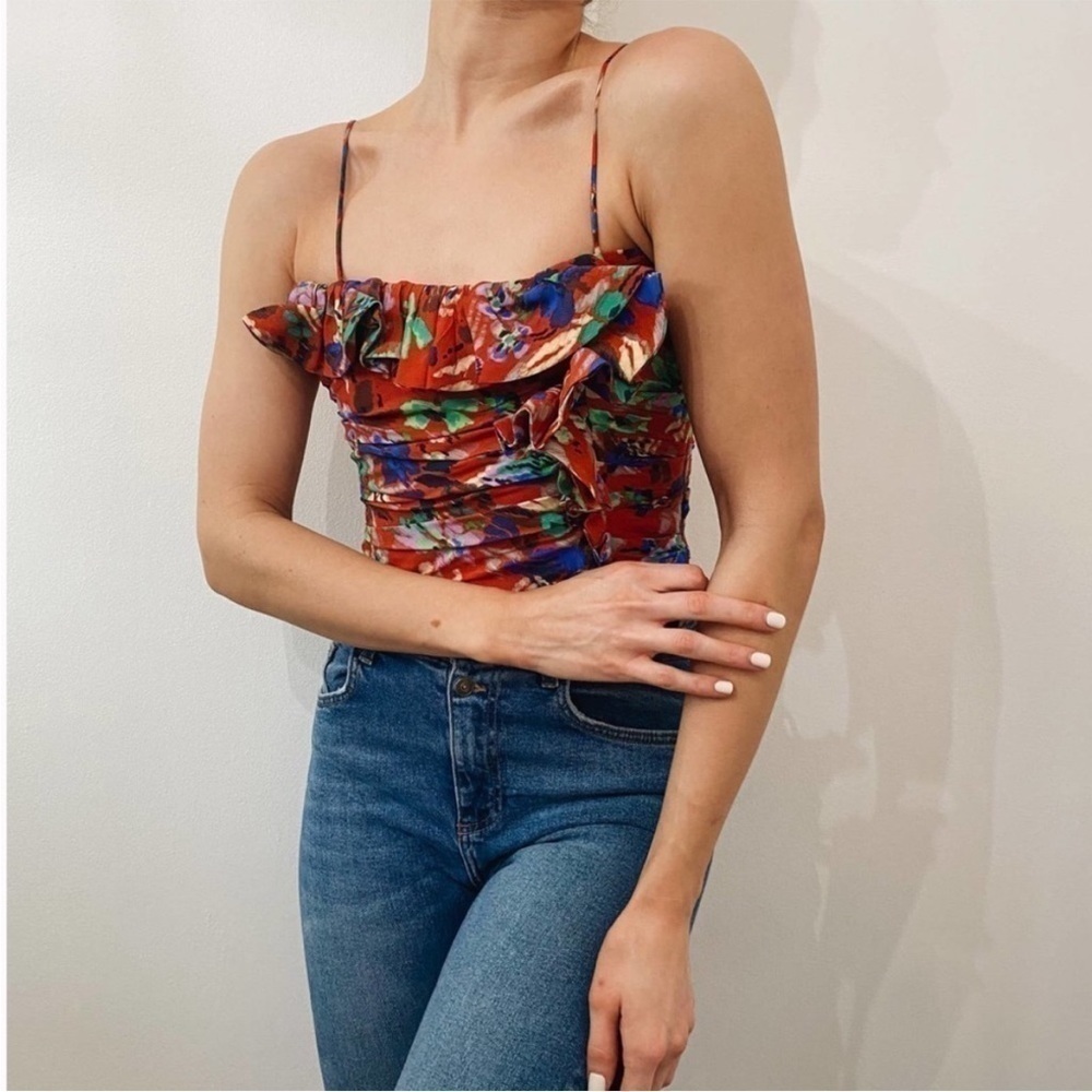 Zara Red Lolita Ruffle/Ruched Cropped Top Sz XS NWOT